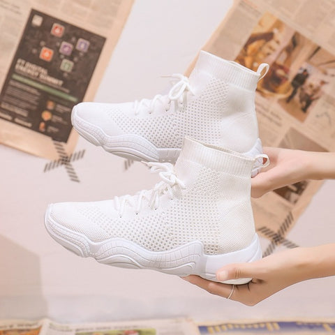 Sneakers Women Mesh Lace-Up Solid Flat Platform Shallow Stretch Fabric Knited Spring Autumn Wedges Shoes For Women 812W