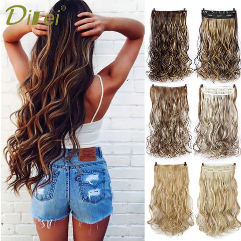 DIFEI 5 Clip 24 inches Natural Synthetic Long Wavy Hairpiece Clip In Hair Extensions High Temperature Fiber Fake Hair Piece