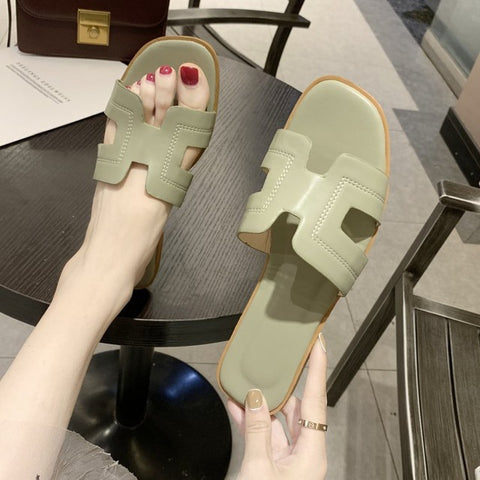 2019 Spring-Summer New Style Women Shoes Casual A- Line Sandals H Slippers PU Sandals Women's Korean-style Solid Color Slippers