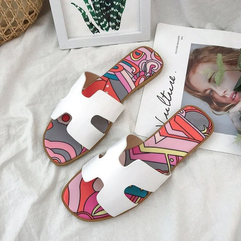 2019 Spring-Summer New Style Women Shoes Casual A- Line Sandals H Slippers PU Sandals Women's Korean-style Solid Color Slippers