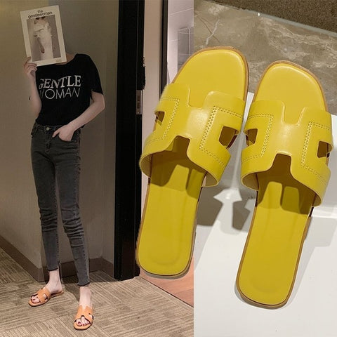 2019 Spring-Summer New Style Women Shoes Casual A- Line Sandals H Slippers PU Sandals Women's Korean-style Solid Color Slippers