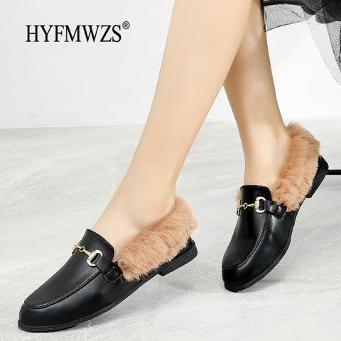 HYFMWZS High Quality Pu Mules Loafers Women Plus Velvet To Keep Warm Women Shoes Flat Tenis Feminino Casual 35-40