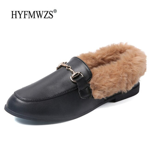 HYFMWZS High Quality Pu Mules Loafers Women Plus Velvet To Keep Warm Women Shoes Flat Tenis Feminino Casual 35-40