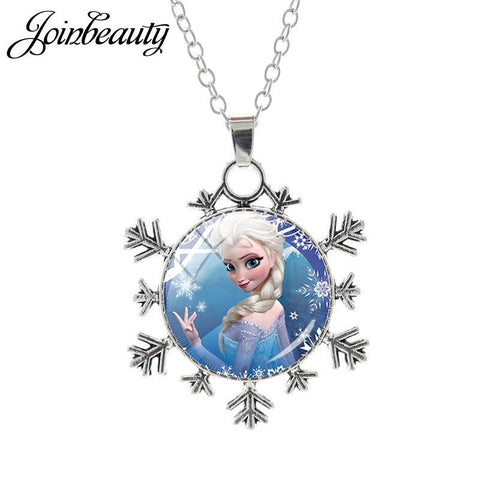 JOINBEAUTY  Princess Elsa Anna Snow Queen Pendant Necklace Ladies Snowflake Long Chain Jewelry Glass Cabochon For Girls SQ03