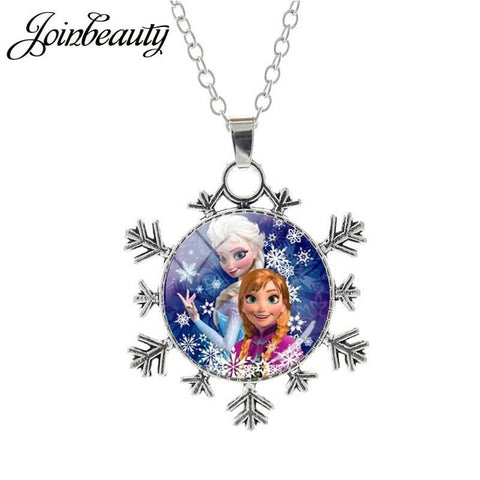 JOINBEAUTY  Princess Elsa Anna Snow Queen Pendant Necklace Ladies Snowflake Long Chain Jewelry Glass Cabochon For Girls SQ03