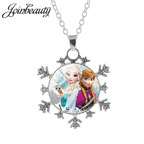 JOINBEAUTY  Princess Elsa Anna Snow Queen Pendant Necklace Ladies Snowflake Long Chain Jewelry Glass Cabochon For Girls SQ03