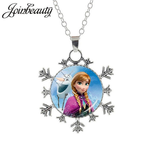 JOINBEAUTY  Princess Elsa Anna Snow Queen Pendant Necklace Ladies Snowflake Long Chain Jewelry Glass Cabochon For Girls SQ03