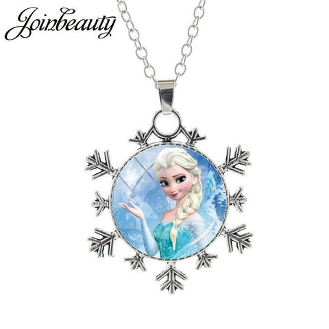 JOINBEAUTY  Princess Elsa Anna Snow Queen Pendant Necklace Ladies Snowflake Long Chain Jewelry Glass Cabochon For Girls SQ03