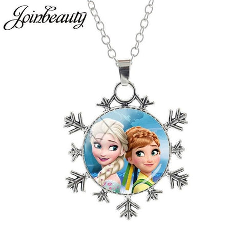 JOINBEAUTY  Princess Elsa Anna Snow Queen Pendant Necklace Ladies Snowflake Long Chain Jewelry Glass Cabochon For Girls SQ03