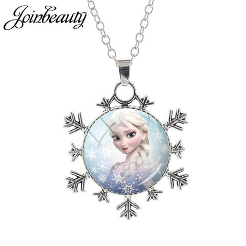 JOINBEAUTY  Princess Elsa Anna Snow Queen Pendant Necklace Ladies Snowflake Long Chain Jewelry Glass Cabochon For Girls SQ03