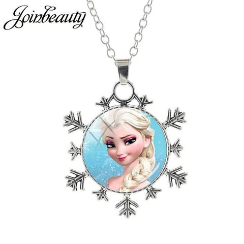 JOINBEAUTY  Princess Elsa Anna Snow Queen Pendant Necklace Ladies Snowflake Long Chain Jewelry Glass Cabochon For Girls SQ03