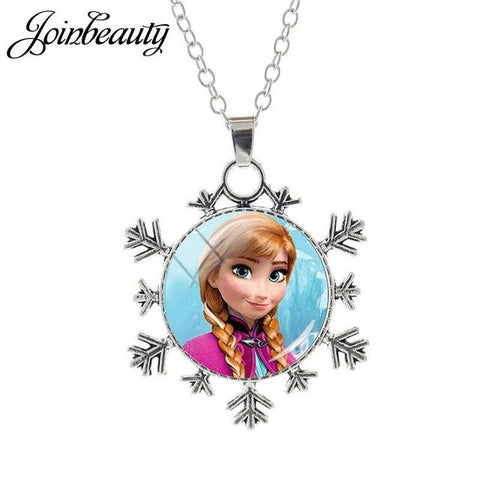 JOINBEAUTY  Princess Elsa Anna Snow Queen Pendant Necklace Ladies Snowflake Long Chain Jewelry Glass Cabochon For Girls SQ03