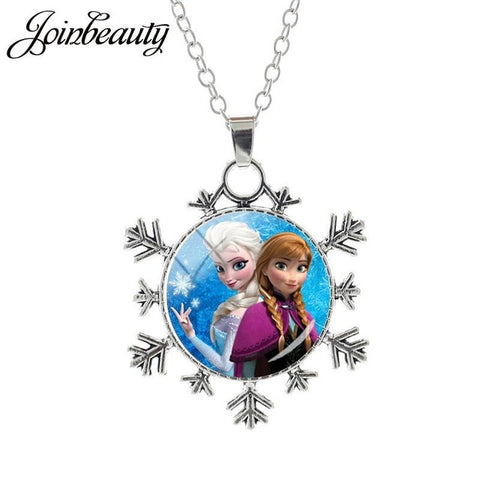 JOINBEAUTY  Princess Elsa Anna Snow Queen Pendant Necklace Ladies Snowflake Long Chain Jewelry Glass Cabochon For Girls SQ03