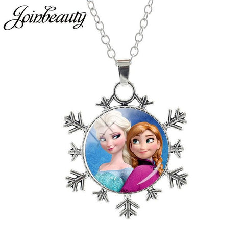 JOINBEAUTY  Princess Elsa Anna Snow Queen Pendant Necklace Ladies Snowflake Long Chain Jewelry Glass Cabochon For Girls SQ03