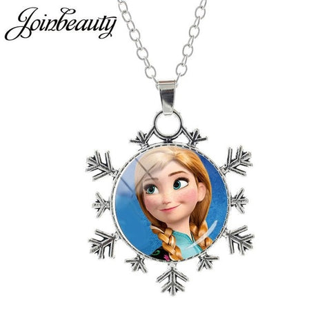 JOINBEAUTY  Princess Elsa Anna Snow Queen Pendant Necklace Ladies Snowflake Long Chain Jewelry Glass Cabochon For Girls SQ03