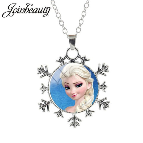 JOINBEAUTY  Princess Elsa Anna Snow Queen Pendant Necklace Ladies Snowflake Long Chain Jewelry Glass Cabochon For Girls SQ03