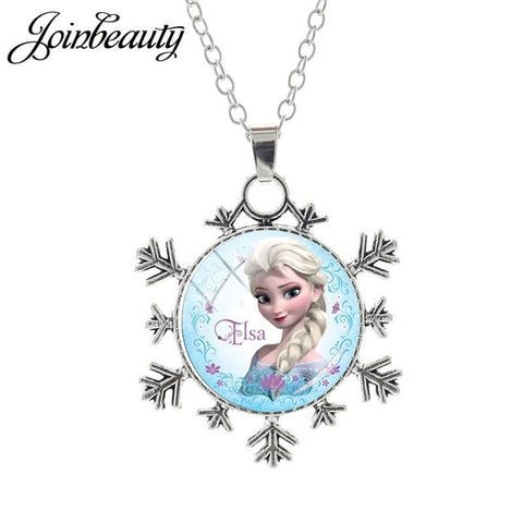 JOINBEAUTY  Princess Elsa Anna Snow Queen Pendant Necklace Ladies Snowflake Long Chain Jewelry Glass Cabochon For Girls SQ03