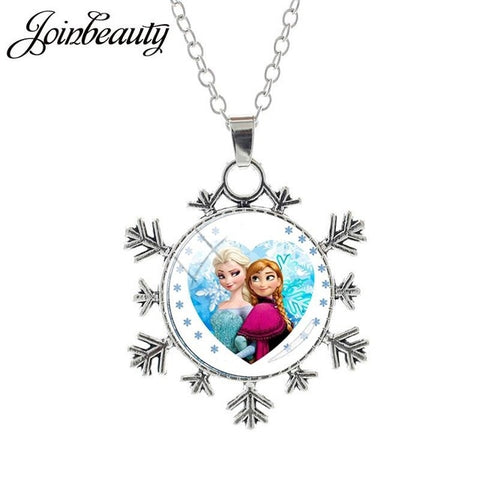 JOINBEAUTY  Princess Elsa Anna Snow Queen Pendant Necklace Ladies Snowflake Long Chain Jewelry Glass Cabochon For Girls SQ03