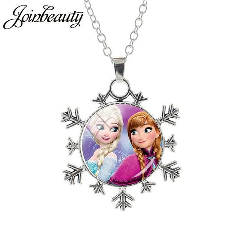 JOINBEAUTY  Princess Elsa Anna Snow Queen Pendant Necklace Ladies Snowflake Long Chain Jewelry Glass Cabochon For Girls SQ03