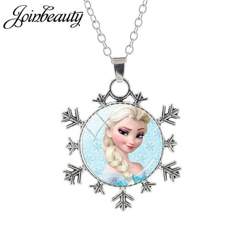 JOINBEAUTY  Princess Elsa Anna Snow Queen Pendant Necklace Ladies Snowflake Long Chain Jewelry Glass Cabochon For Girls SQ03