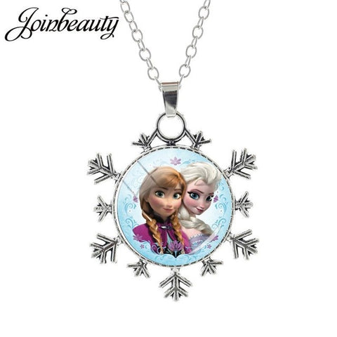 JOINBEAUTY  Princess Elsa Anna Snow Queen Pendant Necklace Ladies Snowflake Long Chain Jewelry Glass Cabochon For Girls SQ03