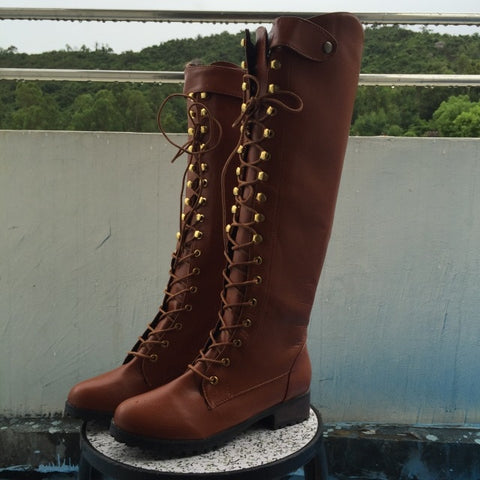 Women Knee High Motorcycle Boots Lace Up Matin Shoes Woman Ladies Chaussure Heels Gladiator  botas mujer invierno wxz292