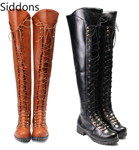 Fashion Women Over The Knee High Boots Lace Up Bandage Gladiator Shoes Thigh High Combat Low Heel Flat  Botas Mujer Invierno D08