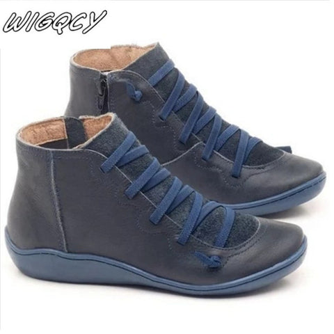 Women's PU Leather Ankle Boots Women Autumn Winter Cross Strappy Vintage Women Punk Boots Flat Ladies Shoes Woman Botas Mujer