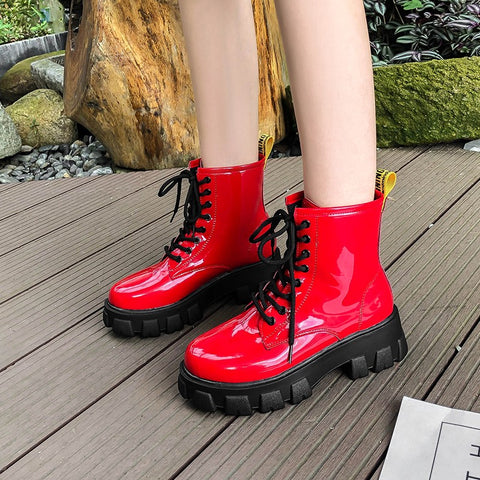 Round Toe PU Ankle Boots for Women Martin Boots Comfortable Platform Boots for Women Casual Lace-up Autumn Boots Women Shoes NEW