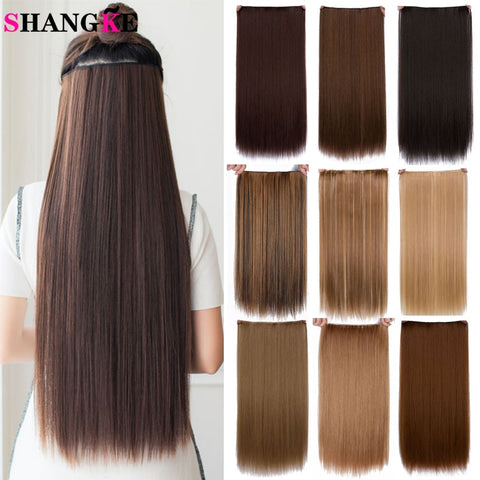 SHANGKE Hair 24'' Long Straight Women Clip in Hair Extensions Black Brown High Tempreture Synthetic Hair Piece