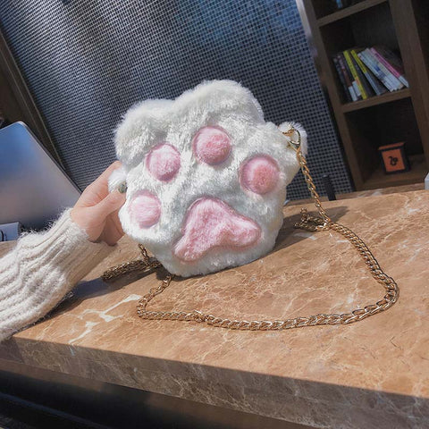 Autumn Winter Sweet Girl Casual  Plush Cute Cat Paw Metal Chain  Crossbody Bags Women Lady Fluffy Shoulder Bag Popular   AB@W3