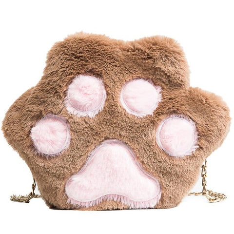 Autumn Winter Sweet Girl Casual  Plush Cute Cat Paw Metal Chain  Crossbody Bags Women Lady Fluffy Shoulder Bag Popular   AB@W3