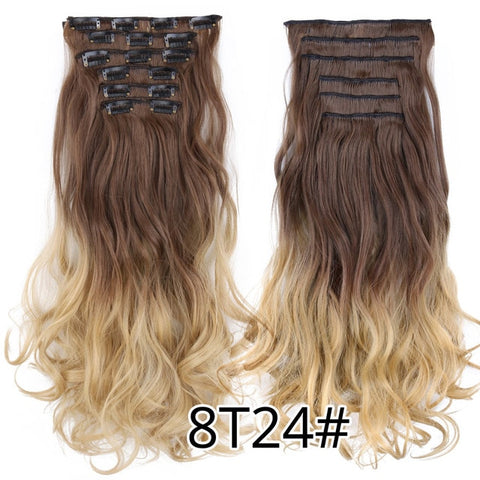 Alileader 22"Synthetic Long Curly Hair Heat Resistant Light Brown Gray Blond Thick Women Hair Extension Set Clip In Ombre Hair