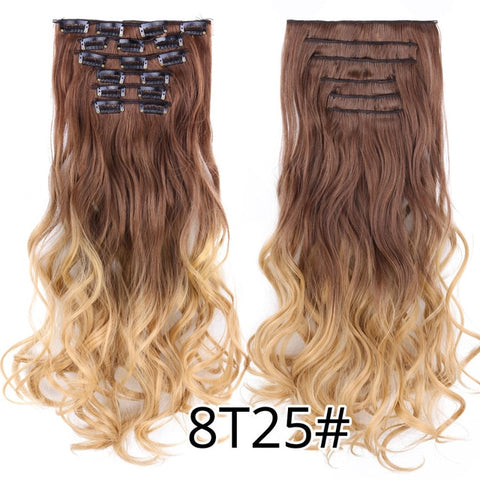 Alileader 22"Synthetic Long Curly Hair Heat Resistant Light Brown Gray Blond Thick Women Hair Extension Set Clip In Ombre Hair