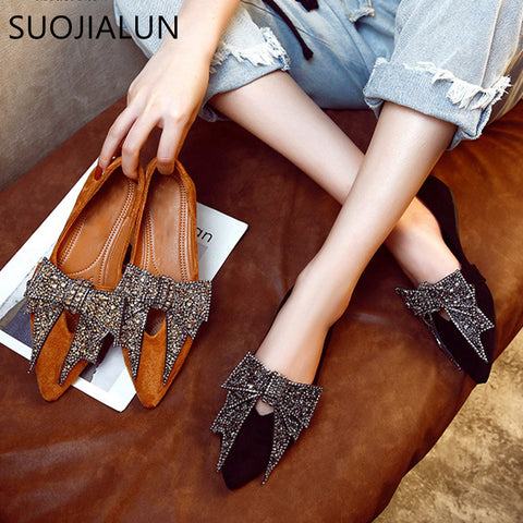 SUOJIALUN Women Flat 2019 Elegant  Fashion Women Flat Ballet Shoes Bling Crystal Bow Tie Pointed Toe Flats Shoes Lady Shiny Flat