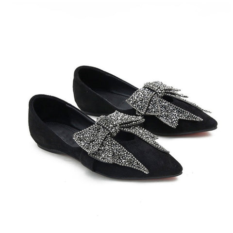 SUOJIALUN Women Flat 2019 Elegant  Fashion Women Flat Ballet Shoes Bling Crystal Bow Tie Pointed Toe Flats Shoes Lady Shiny Flat
