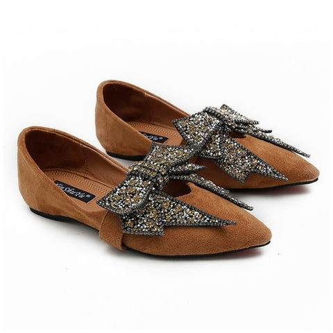 SUOJIALUN Women Flat 2019 Elegant  Fashion Women Flat Ballet Shoes Bling Crystal Bow Tie Pointed Toe Flats Shoes Lady Shiny Flat