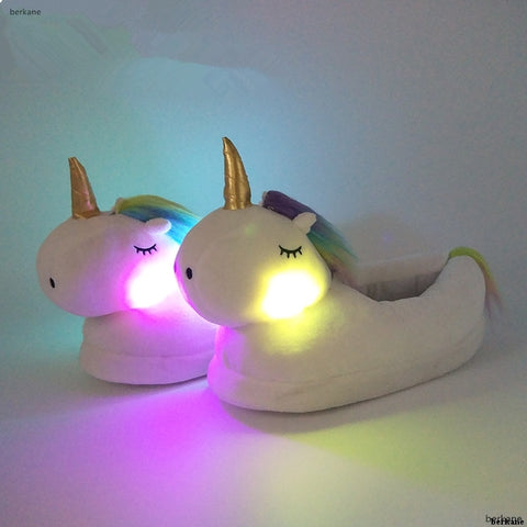 Unicorn Slippers Licorne Led Bed White Flats Winter Warm Wing Plush 2019 Adult Cartoon Women Unisex Home Indoor Shoes Light Cute