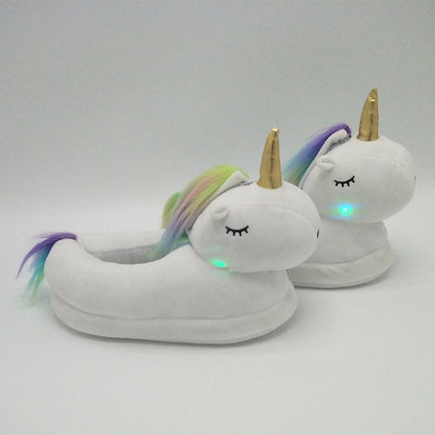 Unicorn Slippers Licorne Led Bed White Flats Winter Warm Wing Plush 2019 Adult Cartoon Women Unisex Home Indoor Shoes Light Cute