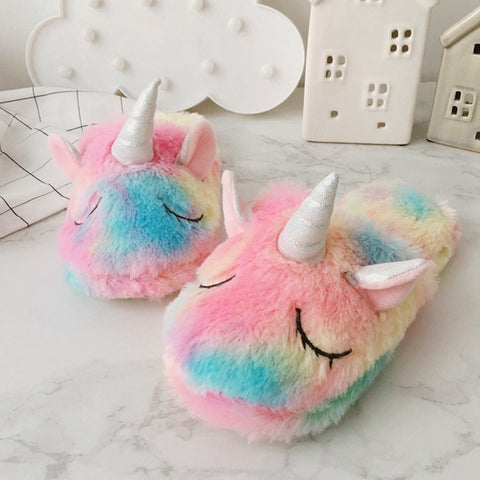 2019 new cute colorful velvet unicorn plush shoes women home indoor winter rainbow unicorn slippers Waterproof non-slip shoes