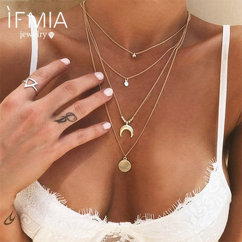 IFMIA Bohemian Four-layer Long Necklace Vintage Multi-layer Moon Pendant Pendant Necklace Jewelry Charm Female 2018 New Jewelry