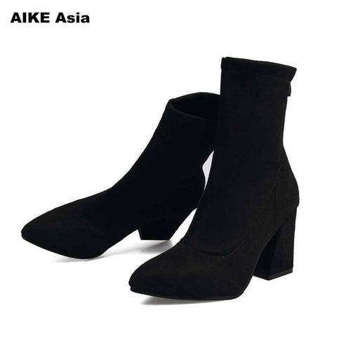 2019 Women Boots Strange Style Thick High Heels Autumn Winter Female Short Fashion Stretch Lycra Sock Shoes Woman Zipper