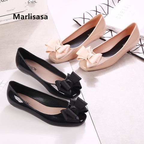 Marlisasa Women Cute Soft Bow Tie Black Jelly Shoes Lady Casual Dance Shoes Female Pink Shoes Zapatos Planos De Mujer F377