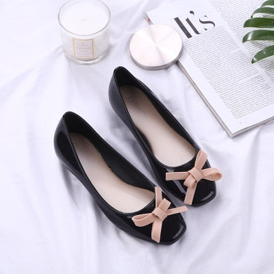 Marlisasa Women Cute Soft Bow Tie Black Jelly Shoes Lady Casual Dance Shoes Female Pink Shoes Zapatos Planos De Mujer F377