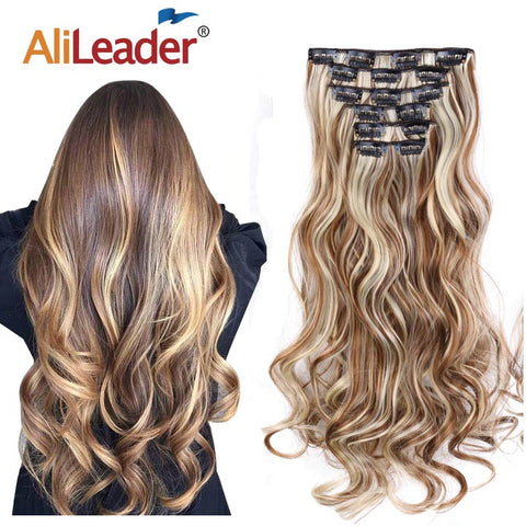 Alileader 22"Synthetic Long Curly Hair Heat Resistant Light Brown Gray Blond Thick Women Hair Extension Set Clip In Ombre Hair